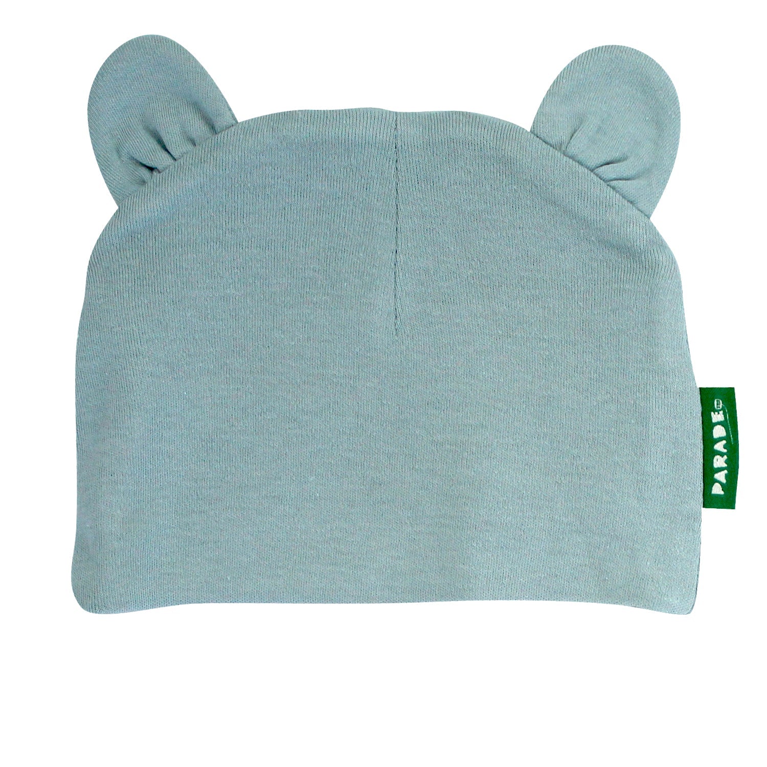 Light blue baby hat with bear ears and a green tag on a white background