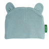 Light blue baby hat with bear ears and a green tag on a white background