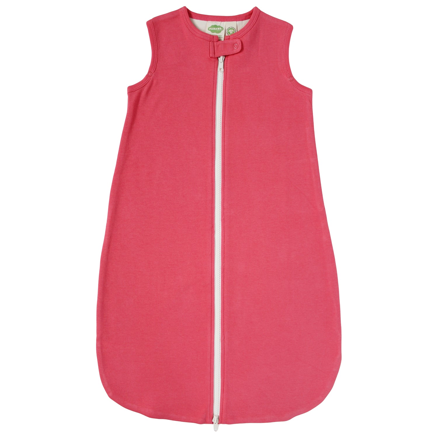 Pink baby sleeping bag with a white zipper on a white background